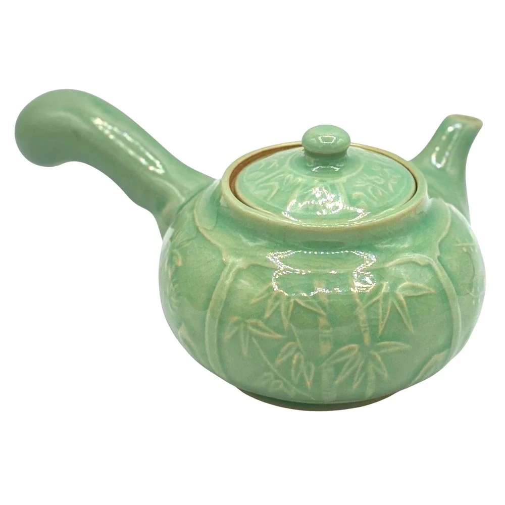 Korean Celadon Side Handle Teapot Crackle Glaze Floral Vine Relief Marked 8 Inch